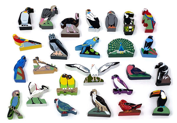 25-piece sampler set of Wingspan bird meeples (1 of each of the 25 types from our 2022 Global series)